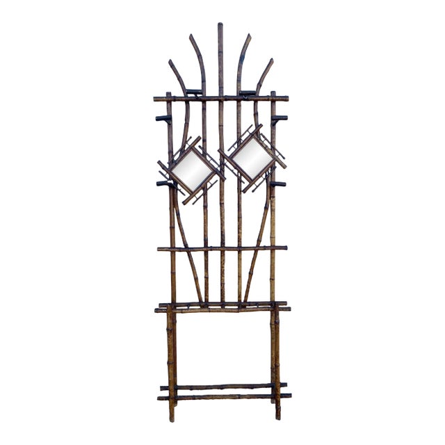 Antique Scorched Tiger Bamboo Hall Tree With Diamond Mirrors and Umbrella Stand For Sale