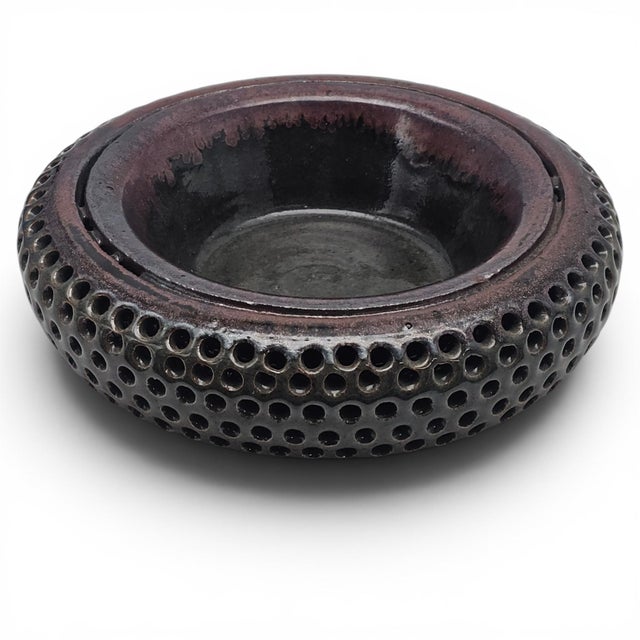 Vintage California Studio Pottery Double Wall Perforated Ikebana Stoneware Bowl For Sale - Image 10 of 11