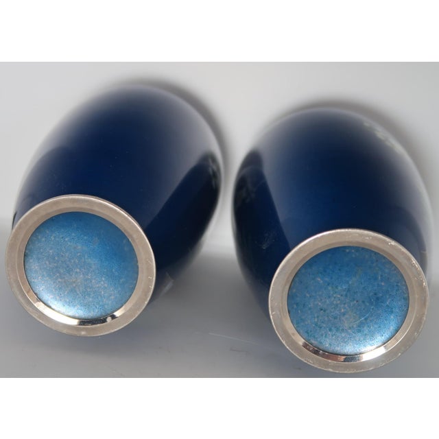 Blue Pair of Antique Japanese Cloisonné Cobalt Blue Enamel Vases With Cherry Blossom and Foliage Motif. For Sale - Image 8 of 8