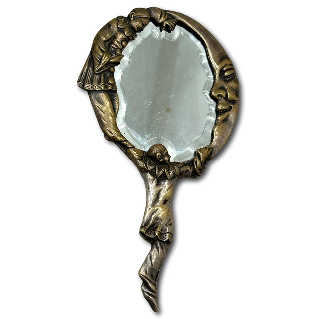 Unusual Antique French Art Deco Harlequin Clown & Man on the Moon Bronze Fancy Beveled Glass Ladies Hand Mirror For Sale In Boston - Image 6 of 12