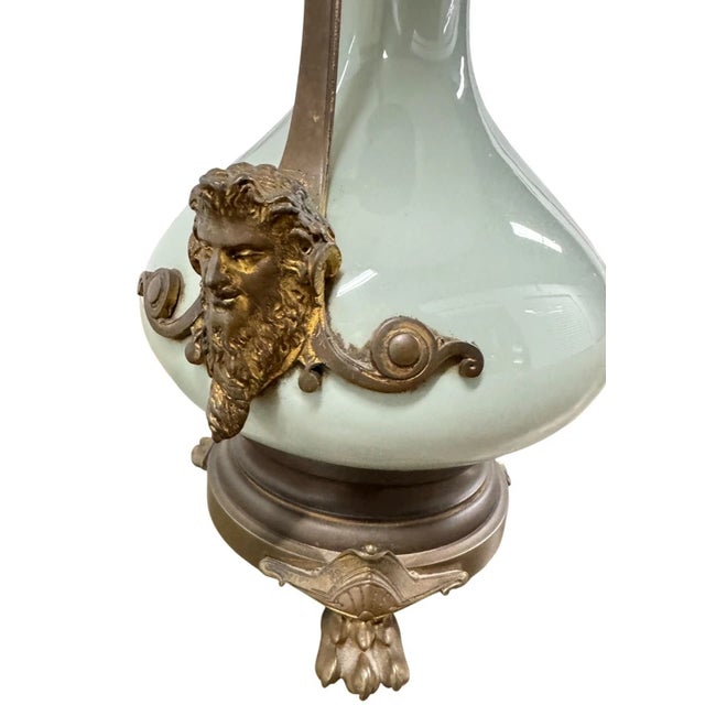 French Antique 19th C French Louis XVI Ormolu & Celadon Porcelain Lamps - A Pair For Sale - Image 3 of 18