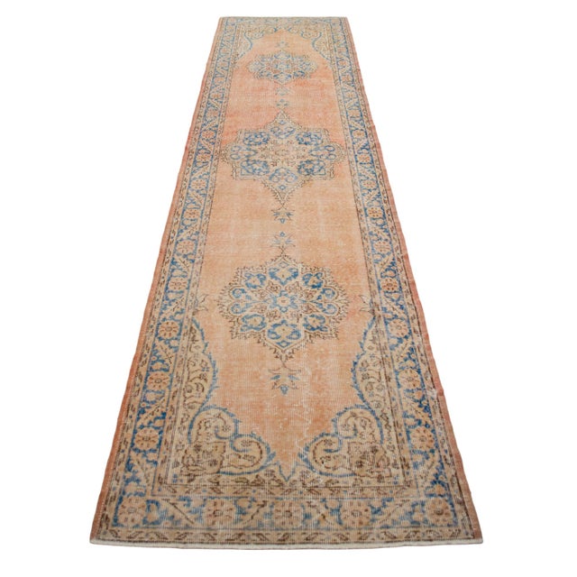 Textile Traditional Ottoman Design Distressed Oushak Runner Rug Faded Colors Low Pile - 3'2″ X 12'2″ For Sale - Image 7 of 13