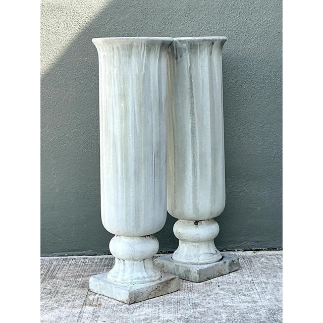 Vintage Tall Fluted Plaster Covered Resin Urns - A Pair For Sale In West Palm - Image 6 of 12