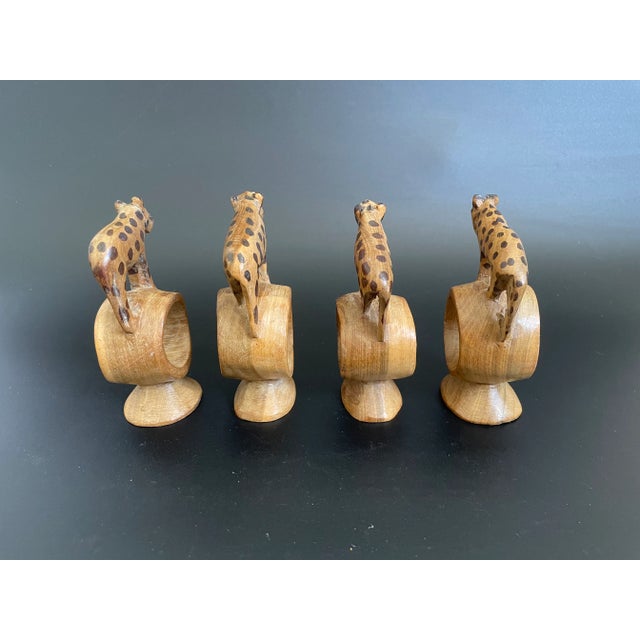 1970s African Safari Wood Carving Cheetah Leopard Napkin Rings - Set of 4 For Sale - Image 5 of 11