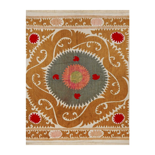 Suzani Wall Hanging, Mustard Green Red Uzbek Hand Embroidery 4'2'' X 4'5'' For Sale - Image 4 of 10