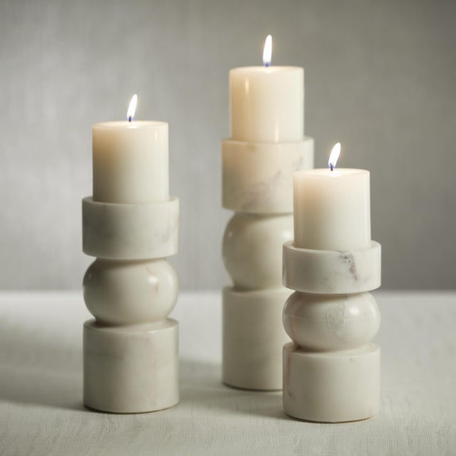 Contemporary Marrakesh Marble Pillar Candle Holders, Set of 2, Large For Sale - Image 3 of 4