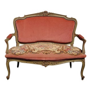 Vintage French Louis XVI Pink Velvet Tapestry Needlepoint Settee Loveseat For Sale