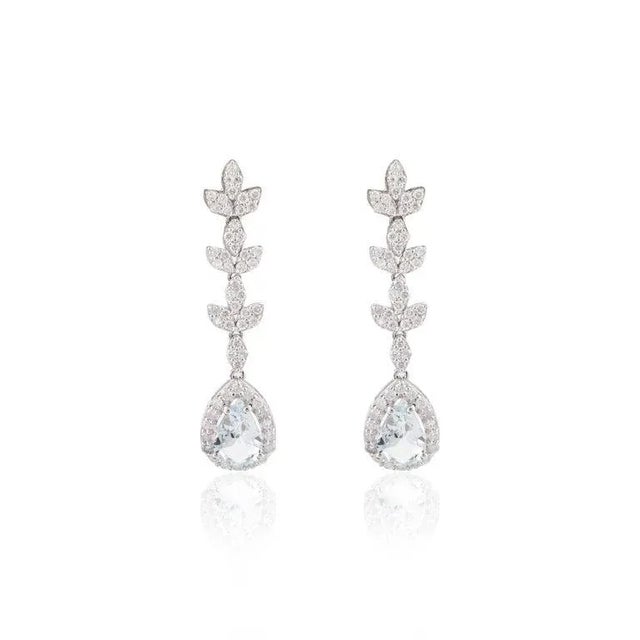 Art Nouveau 14k Solid White Gold Aquamarine Diamond Long Dangle Earrings - 2 Pieces For Sale - Image 3 of 5