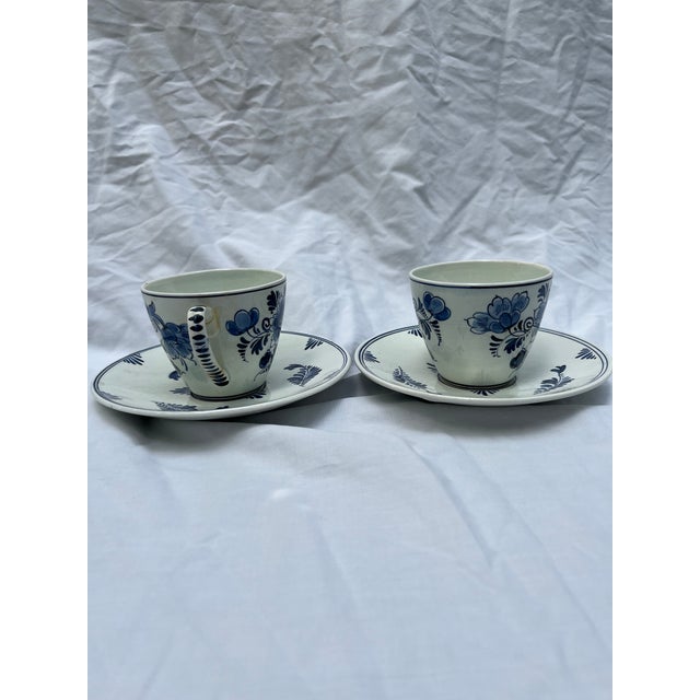 Chinoiserie Dutch Delft Teacups and Saucers a Pair For Sale - Image 3 of 6