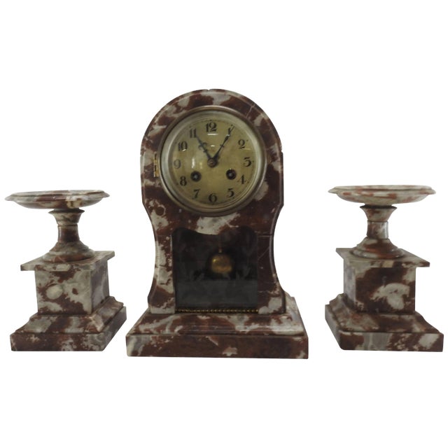French Marble Clock and Pair of Pedestals For Sale