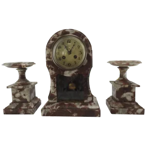 French Marble Clock and Pair of Pedestals