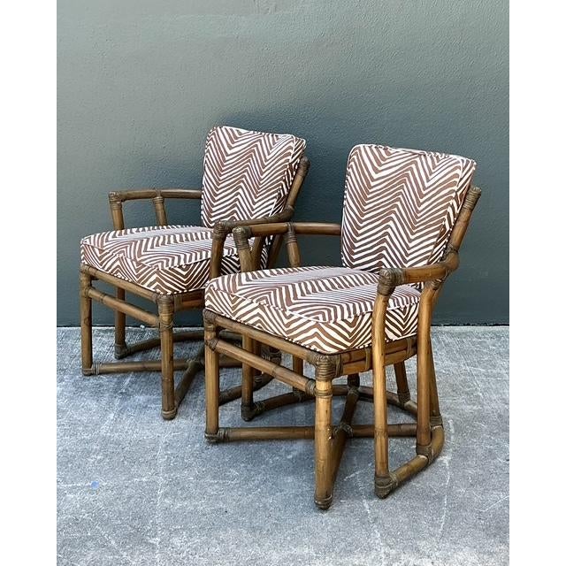 Wood Vintage McGuire Rattan Lounge Chairs in Quadrille Alan Campbell “Zig Zag” - A Pair For Sale - Image 7 of 12