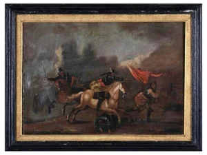 French School Artist, Battle Scene, 18th Century, Oil on Canvas, Framed