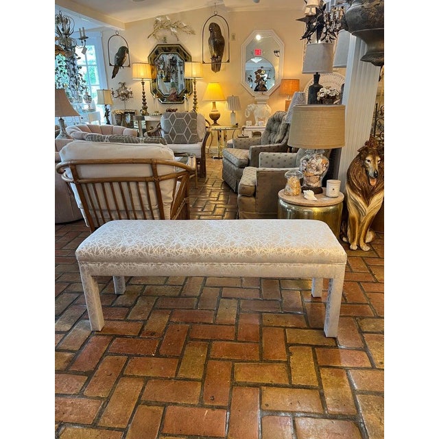 Mid-Century Modern Parsons Bench in Abstract Champagne Upholstery Newly upholstered .Perfect for at the foot of a bed or...