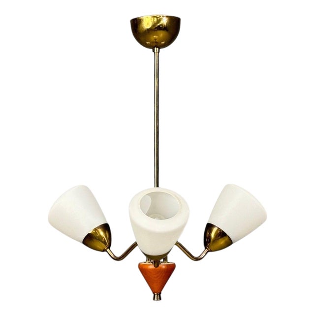 1950s Swedish Modern, Pendant Light, Brass, Glass, Teak For Sale