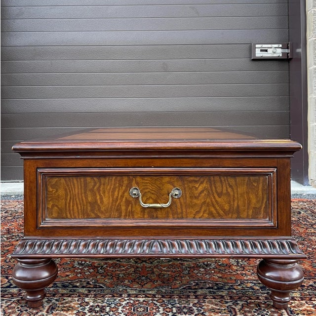 Ethan Allen Townhouse Collection British Colonial Maple & Burlwood 2 Drawer Leather Top Coffee Table For Sale - Image 9 of 12
