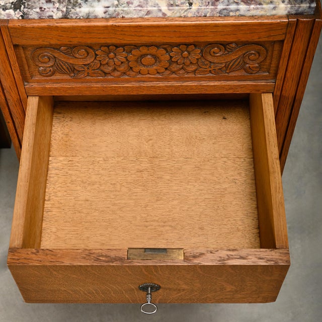 French Art Deco Nightstands in Oak and Marble, 1930s, Set of 2 For Sale - Image 14 of 18