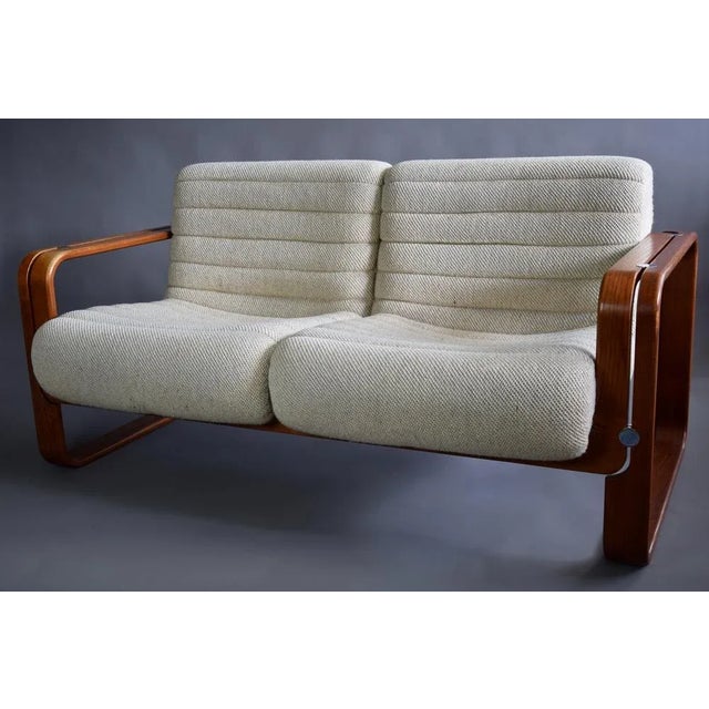 Mid-Century Modern Ecru and Wooden Frame 2-Seater Sofa attributed to Giroflex, 1970s For Sale - Image 10 of 13