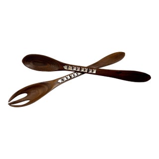 Late 20th Century MCM Carved Teak Wood Mop Inlay Salad Spoon Fork Set Vintage For Sale