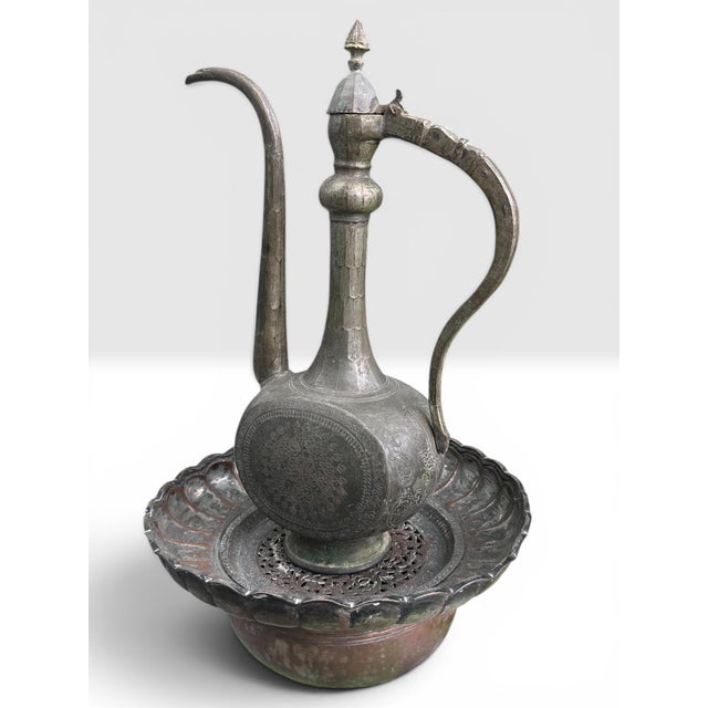 19th Century Dated Persian Qajar Tinned Copper Ewer Ablution Basin Set, Dated 1878. For Sale - Image 12 of 18
