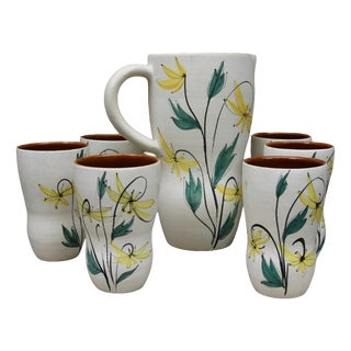Floral Decor Ceramic Orangeade and Coffee Set, France, 1950s, Set of 7 For Sale