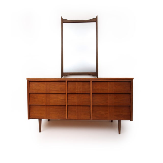 MidCentury Modern Ward Furniture Walnut Triple Dresser and Mirror
