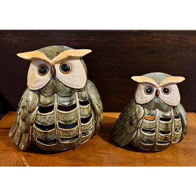 Rustic Vintage Japanese Mottled Glazed Stoneware Owl Candle Lanterns, 1970s, Set of 2 For Sale - Image 3 of 11