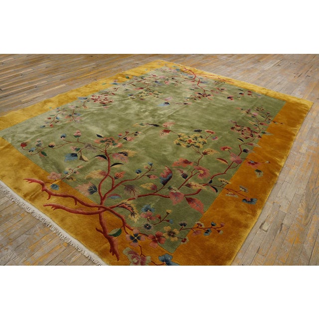 Pistachio Calming Green Background Wiht Soft Spray Florid Color Antique Chinese Art Deco Rug by Nichols Workshop For Sale - Image 8 of 12
