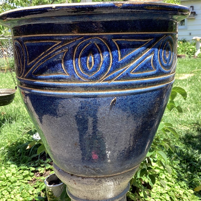 Mediterranean Style Large Pottery Studio Cobalt Blue Glazed Ceramic Planter W/Incised Tan Scroll For Sale - Image 9 of 12