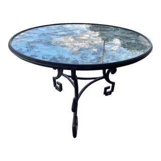 1990s Jerry Pair for Formations Iron Greek Key Round Table With Smoked Antique Style Mirror For Sale