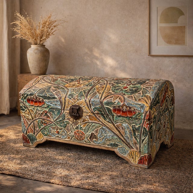 Hand-Painted Botanical Folk Art Teak Wood Storage Trunk – One-of-a-Kind Decorative Blanket Chest For Sale - Image 4 of 8