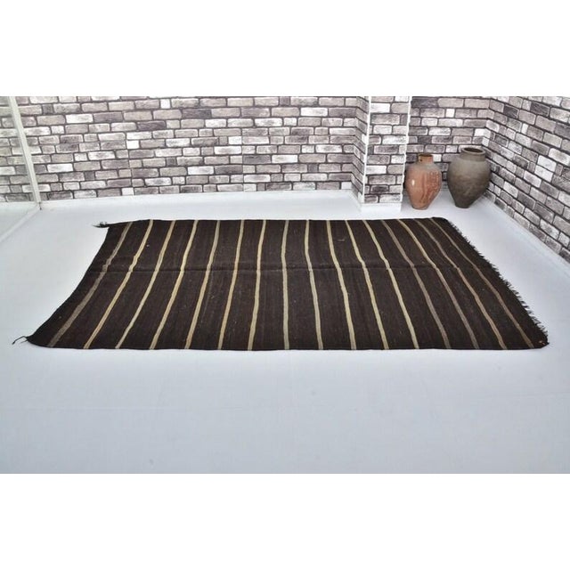Turkish Large Vintage Handwoven Kilim - Dark Brown & Off-White Striped Wool Area Rug For Sale - Image 3 of 8