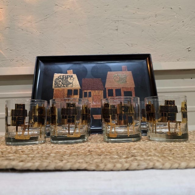 1950s Mid Century Modern Couroc Monterey Fish Rocks Glasses Set of 8 With Tray For Sale - Image 12 of 18