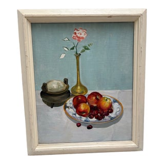 Midcentury Framed Painting of Fruit and Flowers Still Life For Sale