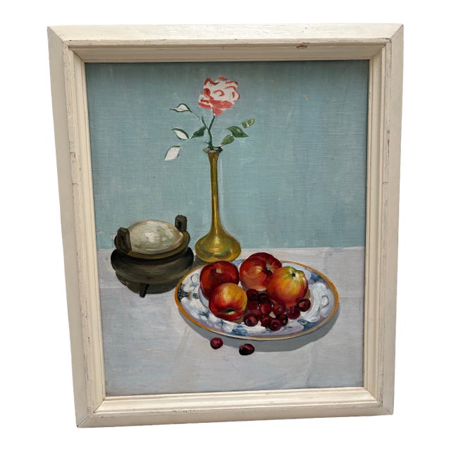 Midcentury Framed Painting of Fruit and Flowers Still Life For Sale