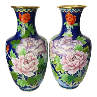 Pair of Vintage Chinese Cloisonné Vases | Blue Ground Peony, Butterfly & Bird Motif For Sale