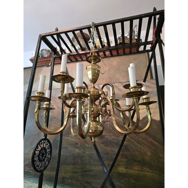 English Vintage Mid Century English Brass 12 Light Chandelier For Sale - Image 3 of 15