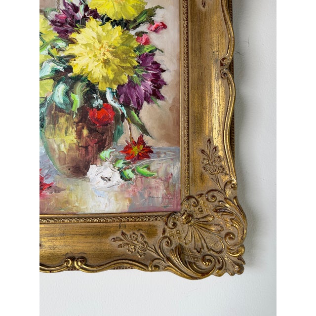 Yellow Vintage Floral Still Life Oil Painting on Canvas – Framed For Sale - Image 8 of 12
