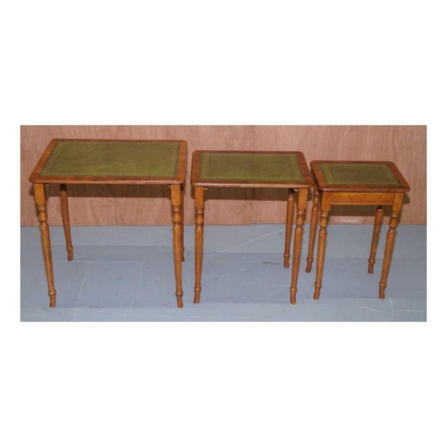 Regency Style Gold Leaf Embossed Yew Wood Nesting Tables with Leather Tops, Set of 3 For Sale - Image 5 of 9