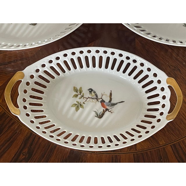 3 pcs fine porcelain Drexel Burnham Lambert reticulated porcelain boat dishes with Handpainted bird motive..Collectible.