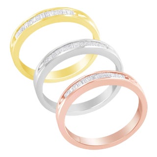 10K Yellow, White and Rose Gold over .925 Sterling Silver 5/8 Cttw Diamond Channel-Set Stackable Band Ring Set (H-I Color, I1-I2 Clarity) - Size 7 1/4 For Sale