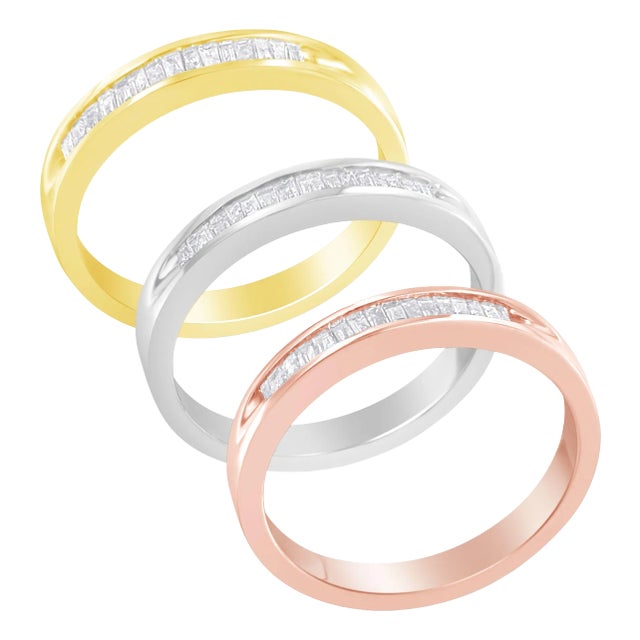 10K Yellow, White and Rose Gold over .925 Sterling Silver 5/8 Cttw Diamond Channel-Set Stackable Band Ring Set (H-I Color, I1-I2 Clarity) - Size 7 1/4 For Sale