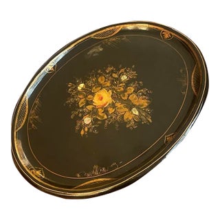 Antique 1870s Very Rare Oversized Victorian Napoleon 111 Second Empire Design Ebonized Lacquer Wood Parlor Tray For Sale