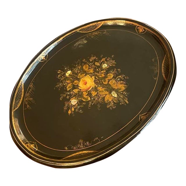 Antique 1870s Very Rare Oversized Victorian Napoleon 111 Second Empire Design Ebonized Lacquer Wood Parlor Tray For Sale