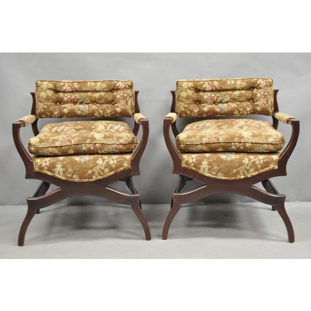 Hollywood Regency Mid 20th Century Vintage Hollywood Regency Curule Wooden X-Frame Lounge Arm Chairs - A Pair For Sale - Image 3 of 11