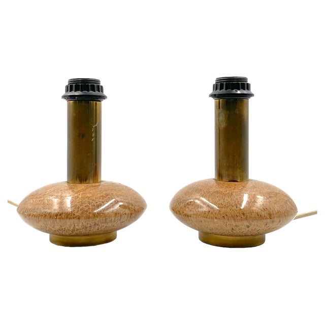 Hollywood Regency Pink Granite and Brass Table Lamps, Italy, 1970s, Set of 2 For Sale