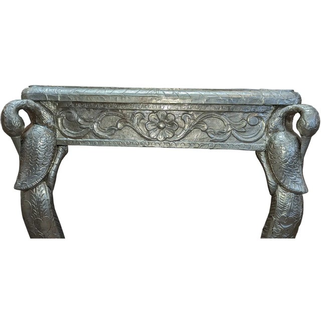 Far Pavilions Mid 20th Century Luxury Hand Carved German Silver Coffee Table | Ornate Peacock Maharaja Center Table | Large Embossed Metal Wood Furniture For Sale - Image 4 of 5