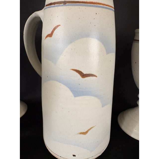 Ceramic Ceramic Drink Set With Lidded Pitcher and 7 Wine Goblets Wheel Tossed and Hand Painted Beach Scene Marked Rm - 8 pcs For Sale - Image 7 of 9
