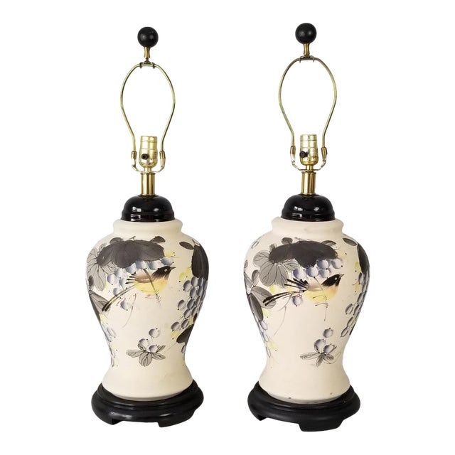 Vintage Japanese Hand Painted Pottery Table Lamps - a Pair For Sale