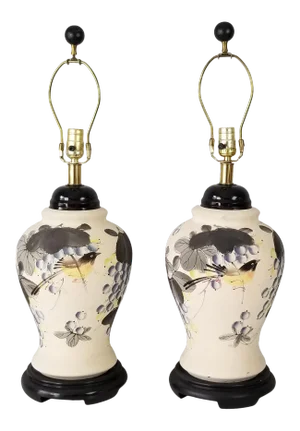 Vintage Japanese Hand Painted Pottery Table Lamps - a Pair